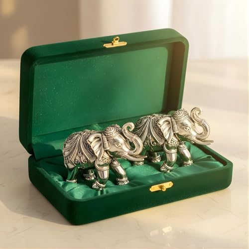 Image of 999 Pure Silver Plated Elephant Figurine Pack of 2 | 5 Inch Vastu & Good Luck Statues for Office Desk Decor, Puja Room & Altar | Spiritual Showpiece & Elegant Spiritual Gift Idea