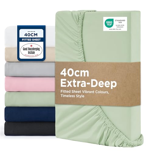 Image of Bedsure Double Fitted Sheet Deep - Bed Sheets Extra Deep Pocket 16 Inches (40 cm), Soft Brushed Microfiber for Double Bed, Sage Green, 135x190cm