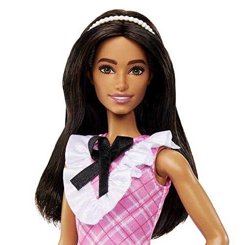 Image of Barbie Fashionistas Doll #209 with Black Hair Wearing a Pink Plaid Dress, Pearlescent Headband and Strappy Heels