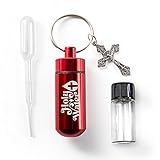 Travel Catholic Holy Water Bottle, Red Keychain Container Kit with Plastic Eyedropper and Small Glass Vial with Screw Top Metal Keyring Holder with Crucifix Cross Pendant, Botellas Para Agua Bendita