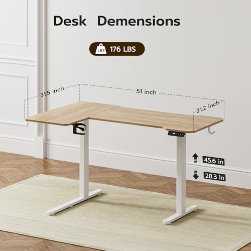 Image of Acrolix L Shaped Electric Standing Desk - 51x31.5 Inch Reversible Corner Sit Stand Desk with Hook&Cup Holder,Electric Height Adjustable Table,for Small Home Office&Bedroom Computer Desk, Oak