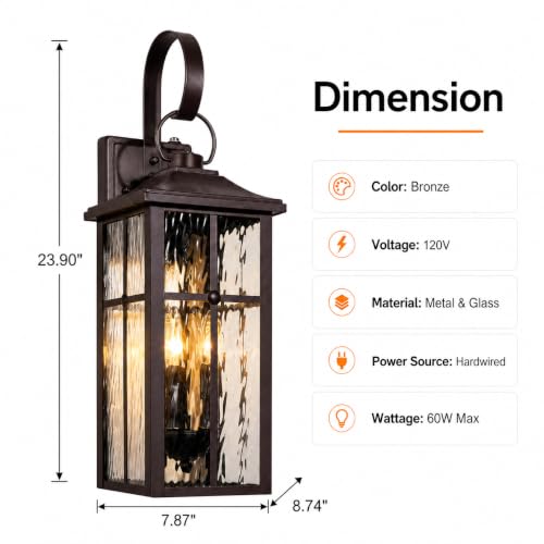 Image of 2 Pack Dusk to Dawn Outdoor Wall Lights, 23.9 inch Brown | Waterproof Exterior Lantern with Water Ripple Glass, Modern Wall Light Fixture Mounted, Large Outside Light for Garage Patio
