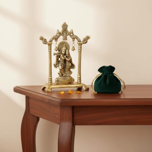 Image of Metal Lord Krishna Swing Statue with Antique Gold Finish & Bells - Spiritual Krishna Idol for Home Decor, Mandir Decoration, 6-Inch Brass Religious Sculpture