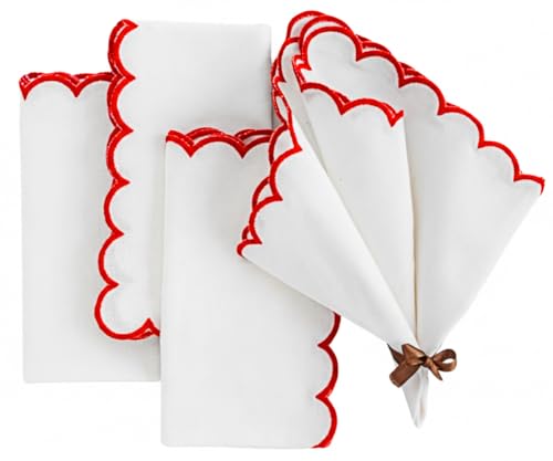 Red and White Napkins, 100% Cotton Embroidered Dinner Napkins Set of 4, Washable Fabric Napkins for Wedding, Holiday & Dining Table Decor - 18x18