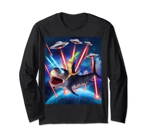 Space Cat Riding Shark Laser Eyes UFO Funny Kitty Cat Long Sleeve T-Shirt