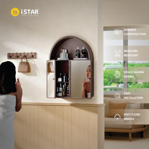 Image of iSTAR Wall Mounted Storage Mirror Cabinet, Bathroom Wall Mirror with Storage Shelf Mirror with Hidden Cabinet Organizer | Modern Wall Mounted for Bathroom, Bedroom, Washbasin (Brown)