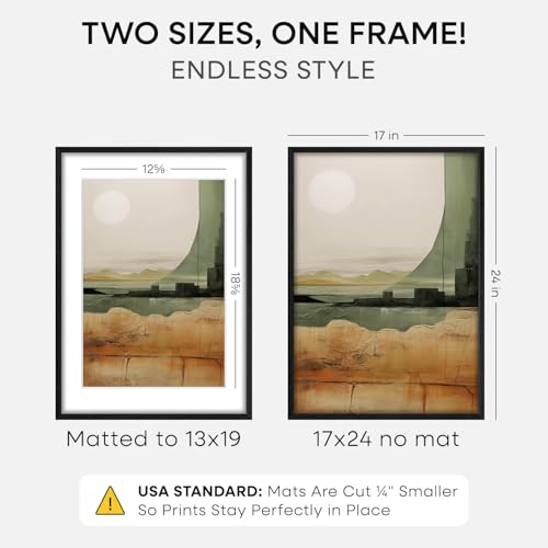 Image of Homeforia 17x24 Picture Frame Black Wood, High End Oak 17x24 Poster Frames with Mat 13x19 Photo, 17 x 24 Wooden Frame Matted to 13 by 19 Print, 24x17 Hanging Frames, Tempered Glass, Wall Kit, Set of 2
