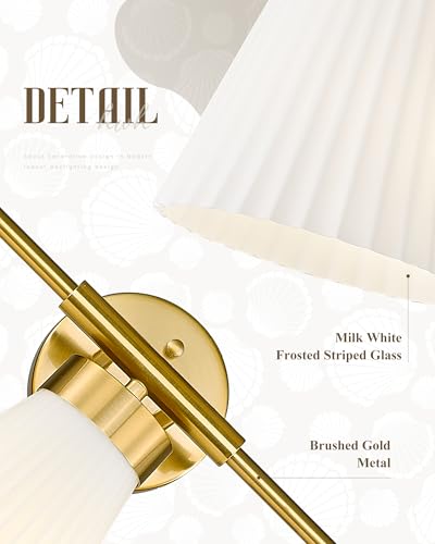 Image of Bathroom Light Fixture, HWH 3-Light Brushed Gold Vanity Lights for Bathroom Modern Vanity Sconce Lighting Over Mirror, Wall Lamp with Frosted White Striped Glass, 5HZG97B-3W BG
