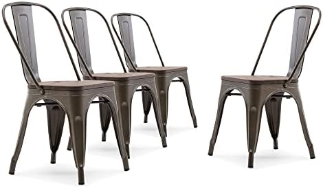 BELLEZE Metal Dining Chairs Set of 4, Stackable Metal Chairs Vintage Farmhouse Chairs with Detachable Backrest and Wood Seat, Weather Resistant Tolix Chair for Indoor Outdoor - Alexander (Bronze)