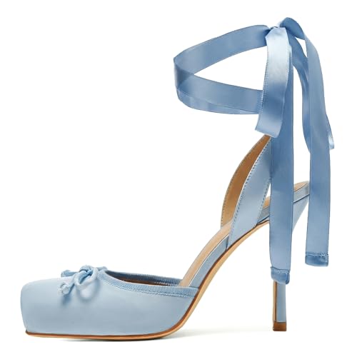 Image of Riekhany Satin Ballet Heels for Women Closed Square Toe Bow Ballerina Heels Lace Up High Heel Slingback Pumps Strappy Stiletto Mary Janes Elegant Party Shoes