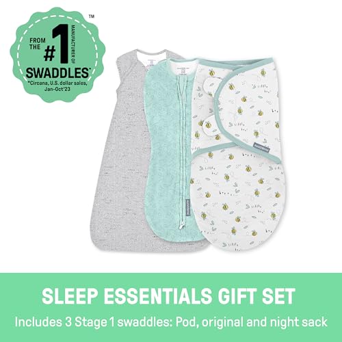 Image of SwaddleMe by Ingenuity Comfort Pack Baby Swaddle Set, Size 0-3 Months, 5-14 Pounds, SwaddleMe Pod, Original Swaddle, Night Sack, 3pk - Little Bees