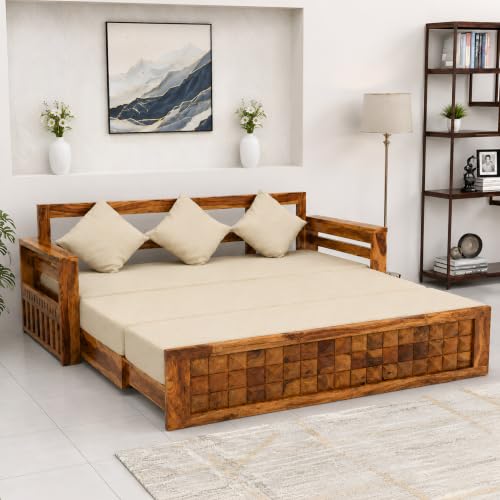 Image of SONA ART & CRAFTS Diamond Sheesham Wood Sofa Cum Bed 3 Seater with Storage and Side Pockets for Living Room Organizer Furniture Sofa Bed Home, Bedroom (Natural Finish)