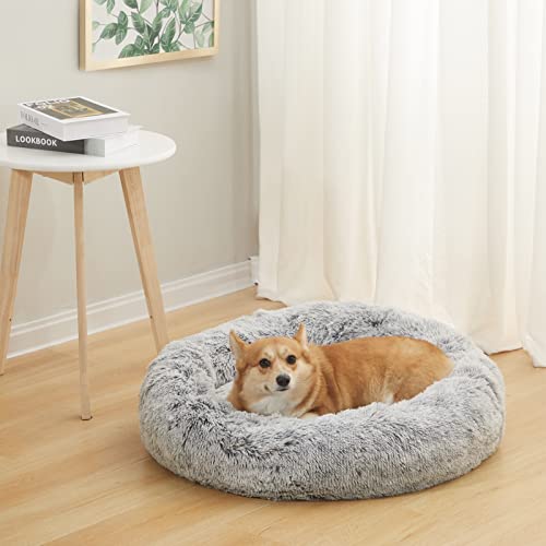 Image of Bedfolks Calming Donut Dog Bed, 30 Inches Round Fluffy Dog Beds for Medium Dogs, Anti-Anxiety Plush Dog Bed, Machine Washable Pet Bed (Dark Grey, Medium)