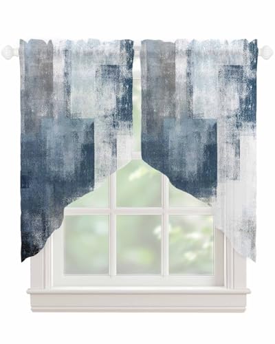 Blue Gray White Swag Curtain Valance for Kitchen Window, Ombre