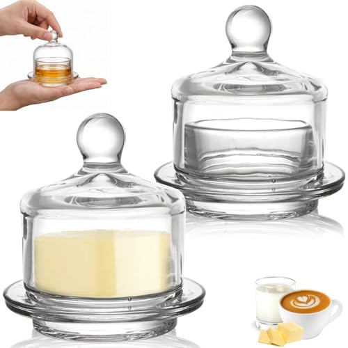 Image of Dicunoy 2 Pack Glass Butter Dish with Lid, Small Round Keeper with Dome Lid, Mini Cloche Holder with Lid, Clear Serving Container with Cover, Crystal Mini Cloche for Candy, Dessert, Parfait, Jam
