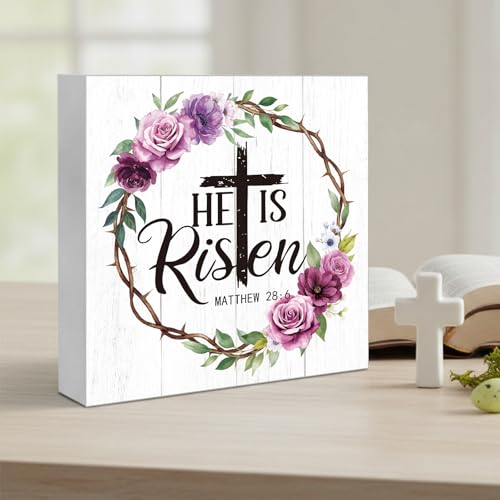 Capoda He Is Risen Sign Desk Decor Easter Christian Decor Wooden Sign Bible Verse Easter Cross Decorations Religious Wooden Box Block for Home Bedroom Living Room Office Shelf
