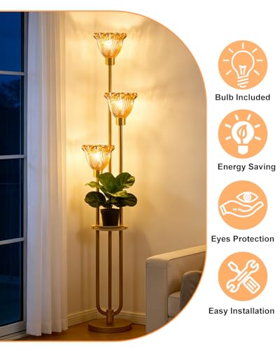 Image of Lightdot Glass Floor Lamp for Living Room Gold with Amber Glass Shade & 3000K Bulbs Included 3-Lights Modern Tall Standing Lamp with 5Lbs Heavy Base for Bedroom /Sofa Beside /Corner Decor /Party