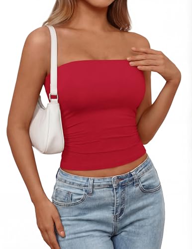 PRETTYGARDEN Womens Tube Top 2026 Summer Going Out Tops Strapless Y2K Bandeau Spring Fitted Shirts Beach Vacation Clothes (Red Small)