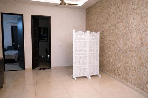 Image of Home & Goods International Wooden Room Divider Partition - Foldable Wood Screen Separator for Living Room, Bedroom, Office, Restaurant || Kangra Badrun Design, White (2 Panel with Stand)