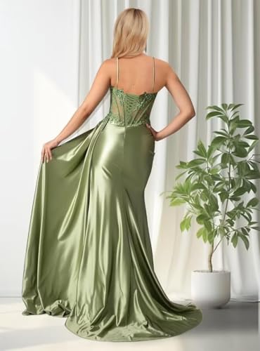 Satin Mermaid Prom Dresses Long Spaghetti Strap Lace Appliques Pleated Formal Party Dress with Slit2