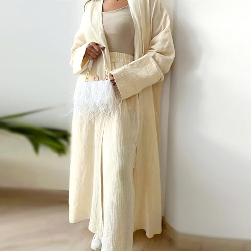 Image of Open Abayas Kimono Muslim Women Cardigan Maxi Dress and pants Set Islamic Clothing Dubai Saudi Robe