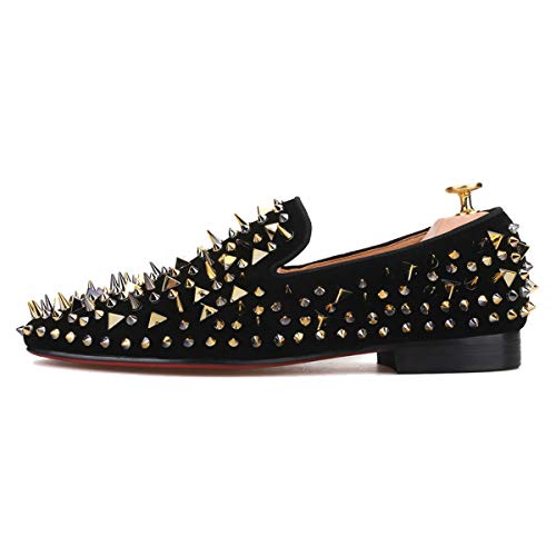 FERUCCI Men Black Velvet Slippers Loafers Flat with Gold Spikes4