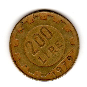 Coins Italy. One Single 200 Lire Republica Italiana, Cogged Wheel, Aluminum Bronze Coin, Dated 1979.