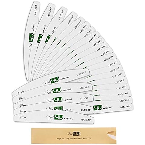 Pack of 25 Nail Files Half Moon Professional Thin Emery Boards for False Nails Acrylic Gel Tips Manicure tools by Nail4U Double sided Slim Nail File 100/180 Grit Cover