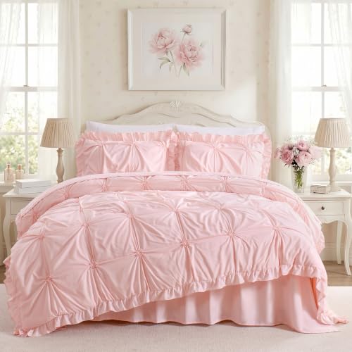 Image of Queen Comforter Set for Girls, 5 Pieces Bed in a Bag Queen Bedding Sets with Ruffles Jacquard Embroidery Cute Comforter, Fitted Sheet, Flat Sheet and Pillowcases, Pink