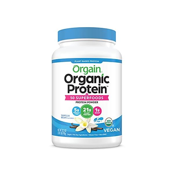 Orgain-Organic-Plant-Based-Protein-Superfoods-Powder-Vanilla-Bean-Vegan-Non-Dairy-Lactose-Free-No-Sugar-Added-Gluten-Free-Soy-Free-Non-GMO-202-lb Orgain Organic Protein + Superfoods Powder, Vanilla Bean - 21g of Protein, Vegan, Plant Based, 5g of Fiber, No Dairy, Gluten, Soy or Added Sugar, Non-GMO, 2.02lb
