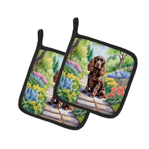 Caroline's Treasures Cocker Spaniel Spring Path Pair of Pot Holders Kitchen Heat Resistant Pot Holders Sets Oven Hot Pads for Cooking Baking BBQ, 7 1/2 x 7 1/2