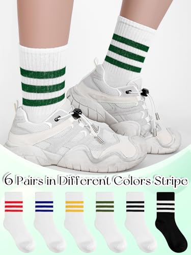 6 Pairs Striped Crew Socks for Women Casual Retro Cute Cotton Striped Tube Athletic Socks Solid Color for Sports Running2