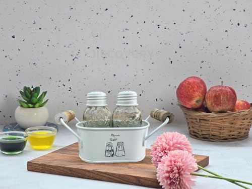 Image of JISCOVERY Salt and Pepper Dispenser Set for Dinning Table with Stand| Glass Bottom Spice Shaker Set with Metal Holder| Spice Sprinklers| 100 ML Each (White)