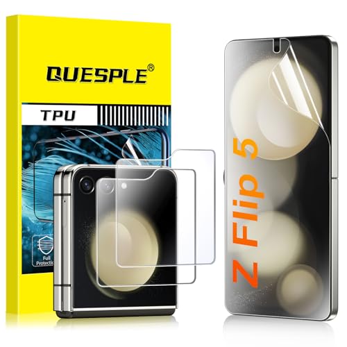 QUESPLE [2+2 Stück] Panzerglas Schutzfolie für Samsung Galaxy Z Flip 5 5G TPU Folie - Innen Weich Display+ Rückseite Schutzglas Anti-Kratzen HD Klar Blasenfreie Display Schutz Blasenfreie