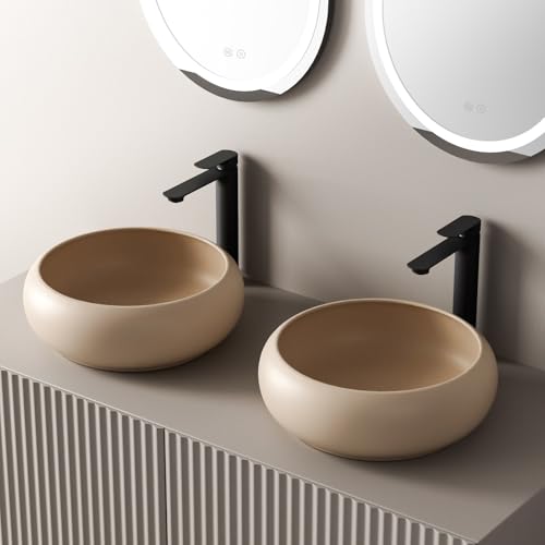 EMKE Design Waschbecken Keramik Aufsatzwaschbecken Rund, 36 x 36 x 12 cm, Matt Pale Beige, luxuriöses Design Aufsatzwaschbecken für Badezimmer und Gäste-WC