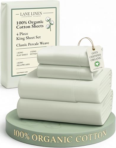 Image of LANE LINEN 100% Organic Cotton King Bed Sheet Set, Bedsheets 4Pc Soft Cooling Fully Elasticized Mercerised All Season Sustainably Produced Cotton Sheets King Size, Oeko Tex Sheets - Mineral