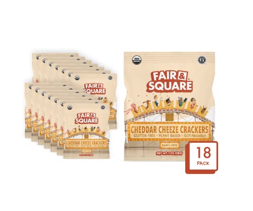 Fair & Square Cheddar Cheeze Crackers | Snack Packs | Gut Friendly, Plant Based, Certified Organic, Certified Gluten Free, Safe For School, Grain Free, Nut Free, Soy Free, Dairy Free 1Oz (Pack Of 18) #TOP4