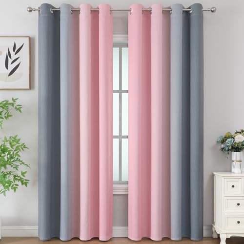 Ombre Pink and Gray Blackout Curtains 96 Inches Long, Full Room Darkening Curtains for Bedroom, Grommet Thermal Insulated Gradient Drapes, Full Light Blocking Curtains 2 Panels,52x96 Inch