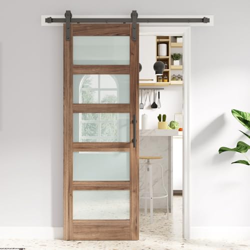 Image of FREDBECK 28 x 80 inch Glass Barn Door with 5 FT Barn Door Hardware Kit & Handle Included,5-Panel Frosted Glass,LVL Wood Panel,Water-Proof PVC Surface,Pre-Drilled Holes,Need Assembly