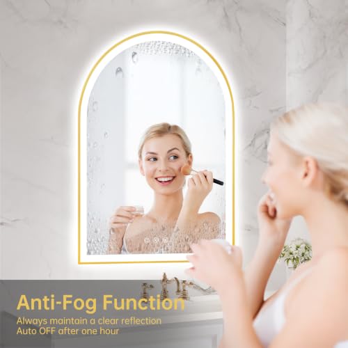 Image of 24 inchx32 inch Arched LED Lighted Bathroom Mirror with Lights | Gold Aluminum Frame, Fogless, Dimmable, Shatterproof, Touch Sensor, 3 Color Changing