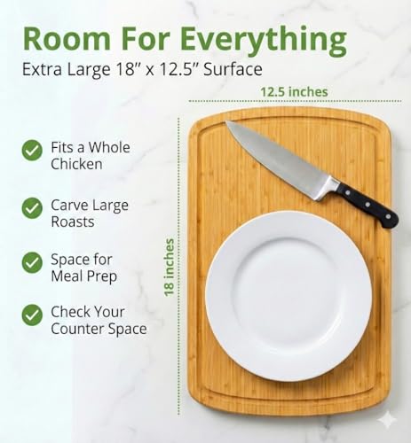 GREENER CHEF 18 Inch Extra Large Bamboo Cutting Board with Lifetime Replacements - Organic Wooden Butcher Block, XL Chopping Board for Kitchen, Meat, Vegetables, and Food Prep