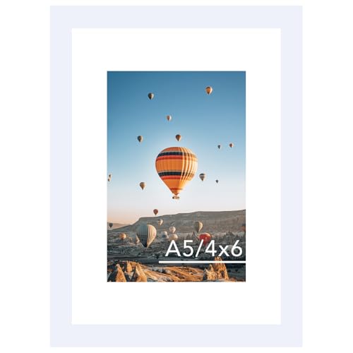 Image of JCJMY 5.8x8.3 A5 Picture Frame White with 4x6 Mat for Wall Hanging or Tabletop, Display Photo 4x6 with Mat or 5.8 x 8.3 Without Mat, Wall Poster Photo Frame with Shatter Resistant Plexiglass, White