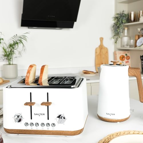 Salter EK5823WHT Toronto 4-Slice Toaster – Wide Slots, 6 Browning Levels, Removable Crumb Tray, Defrost, Reheat, Cancel, Self-Centring Function, High-Lift Eject, 1630 W, Wood Effect, Matt White - Image 4