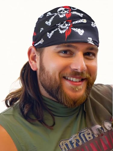 Image of Skull Bandana Mullet Wig for Men Women, 80s Curly Wig with Pirate Durag, Perfect for Halloween, 4th of July, Country Concert Biker Costume(Medium Brown)