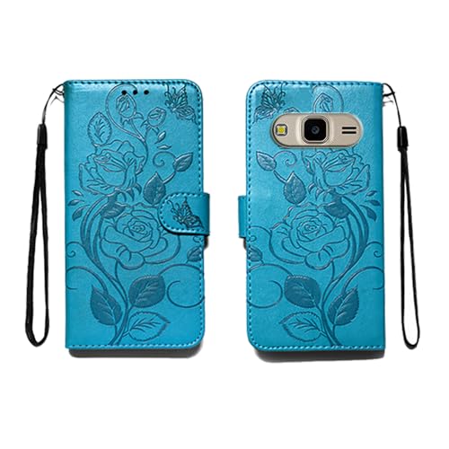 shingtomua for Samsung Galaxy J3 2016/J 3 V/J36V/Sky/Amp Prime Embossing Wallet Case Kickstand Magnetic Flip Cover Credit Cards Slot with Stand for PU Leather Shockproof Flip Magnetic Case (Blue)