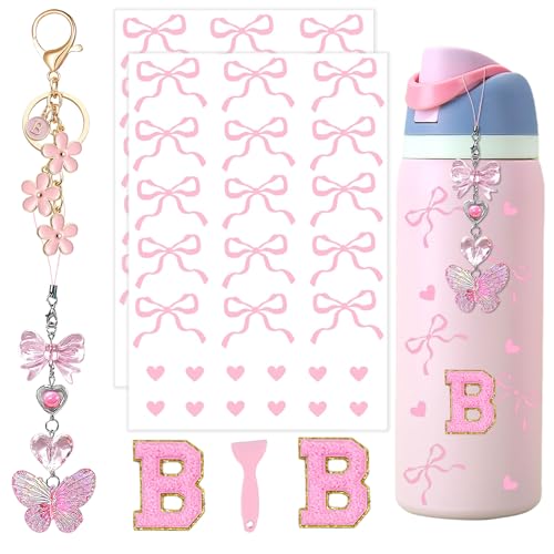 Pink Bow Accessories for Owala Bottle, Pearl Charm & Letter B Sticker