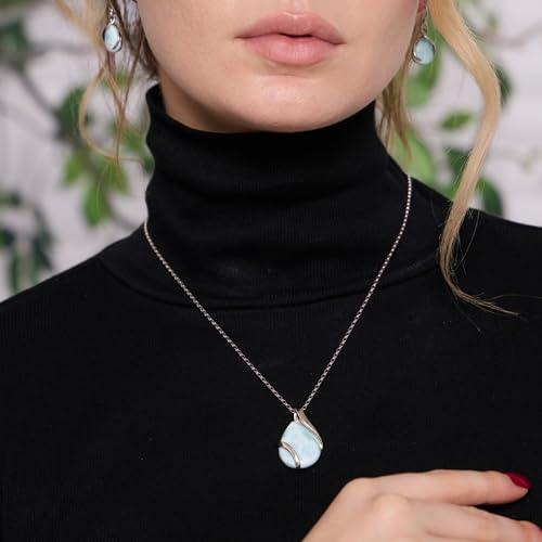 Beaux Bijoux Natural Malachite or Larimar Gemstone Pendant Necklaces for Women in Sterling Silver and 14k Gold - Teardrop Pendant Statement Necklace - Fine Jewelry for Women2