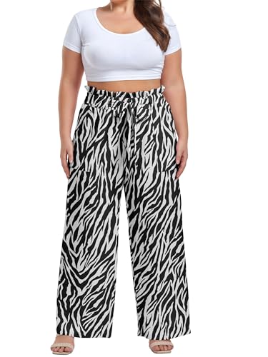 Image of OLRIK Women's Plus Size Pants Adjustable High Waisted Wide Leg Palazzo Pants Casual Trousers with Pockets Spring Clothes