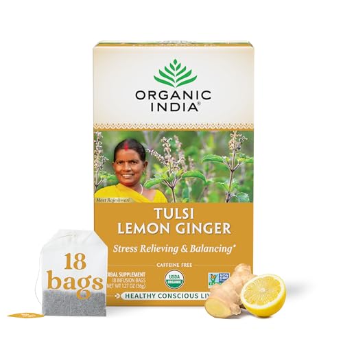 Image of ORGANIC INDIA Tulsi Lemon Ginger Tea Bags - Herbal Tea, Stress Relieving & Reviving, Immune Support, Aids Digestion, Vegan, USDA Certified Organic, Non-GMO, Caffeine-Free - 18 Infusion Bags, 1 Pack