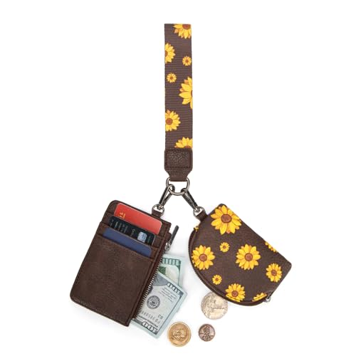 Image of Wrangler KeyChain Wristlet Wallets for Women Sunflower Floral Dual Pouch Wristlet Western Credit Card Holder Wallet with Zipper Pocket